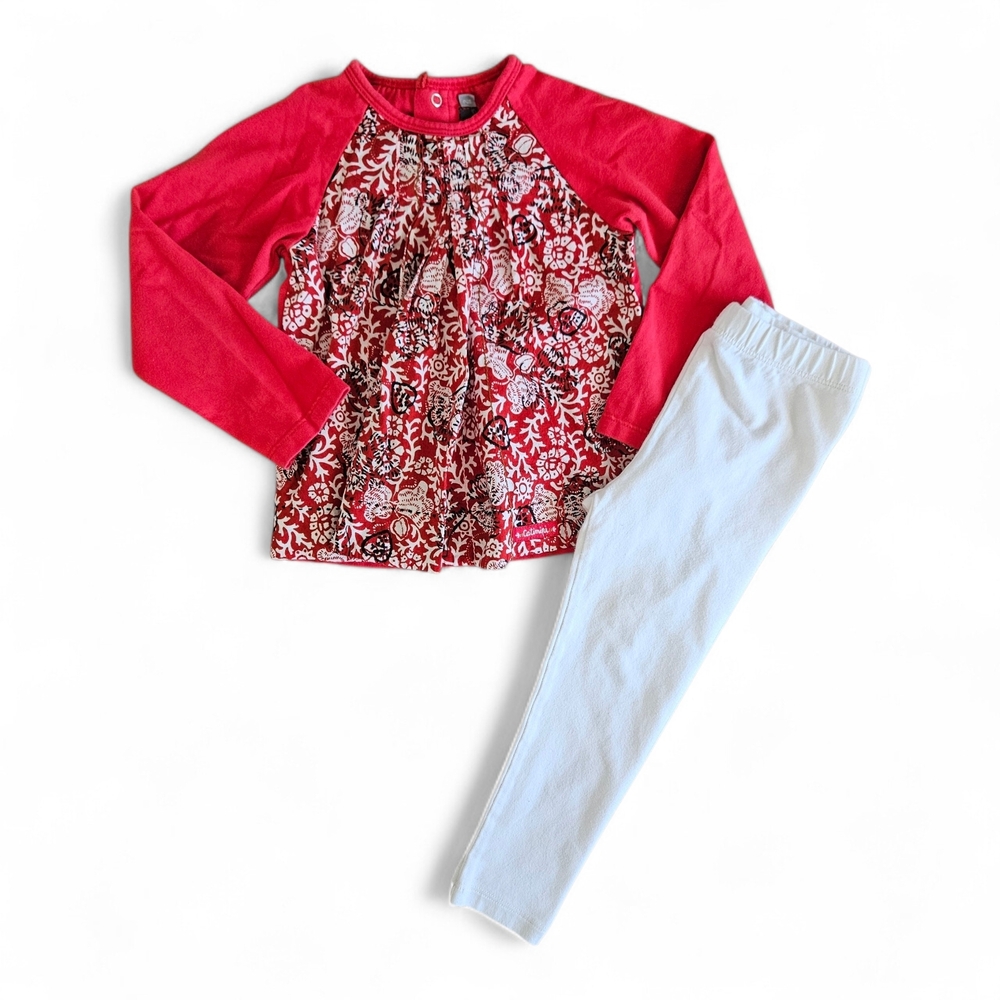 5/$25 Catimini x Baby Gap Girls Outfit Red Floral Top White Leggings Size 2T